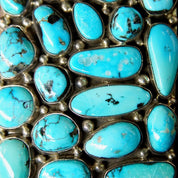 Vintage Signed BP Sterling Navajo Chunky Turquoise Cluster Belt Buckle, Rectangular Buckle Set With 19 Turquoise Stones, 2 1/2" W