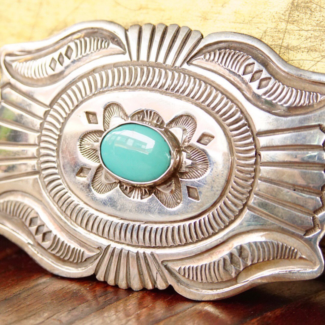 Vintage Signed Navajo Martinez Sterling Silver Turquoise Belt Buckle, Hammered Silver Concho Buckle, Native American Old Pawn, 3 1/2" W