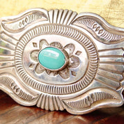 Vintage Signed Navajo Martinez Sterling Silver Turquoise Belt Buckle, Hammered Silver Concho Buckle, Native American Old Pawn, 3 1/2" W