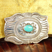 Vintage Signed Navajo Martinez Sterling Silver Turquoise Belt Buckle, Hammered Silver Concho Buckle, Native American Old Pawn, 3 1/2" W
