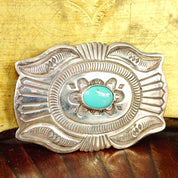 Vintage Signed Navajo Martinez Sterling Silver Turquoise Belt Buckle, Hammered Silver Concho Buckle, Native American Old Pawn, 3 1/2" W
