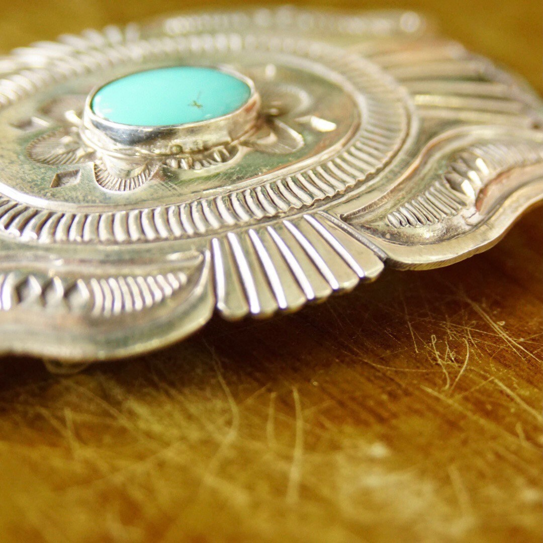 Vintage Signed Navajo Martinez Sterling Silver Turquoise Belt Buckle, Hammered Silver Concho Buckle, Native American Old Pawn, 3 1/2" W