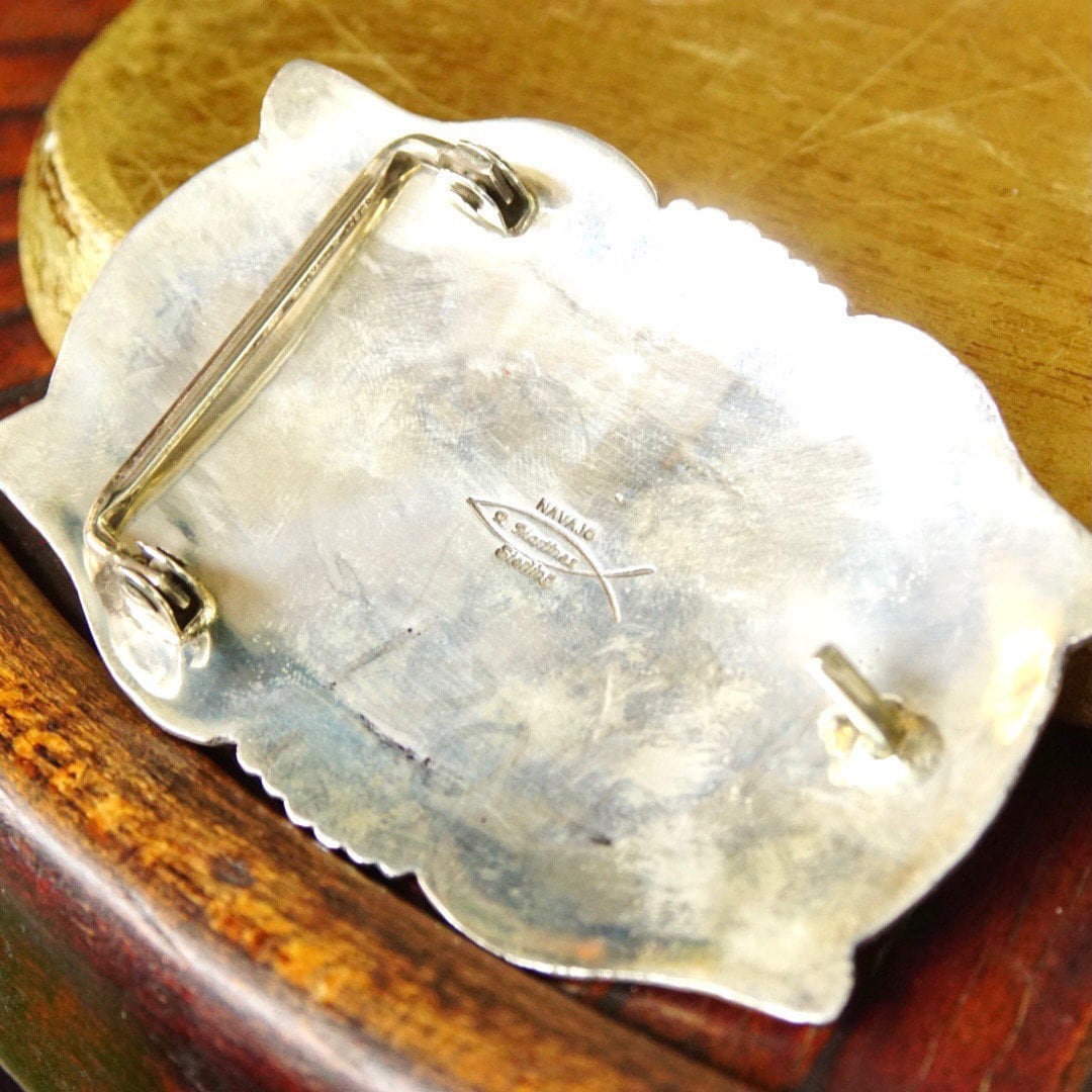 Vintage Signed Navajo Martinez Sterling Silver Turquoise Belt Buckle, Hammered Silver Concho Buckle, Native American Old Pawn, 3 1/2" W