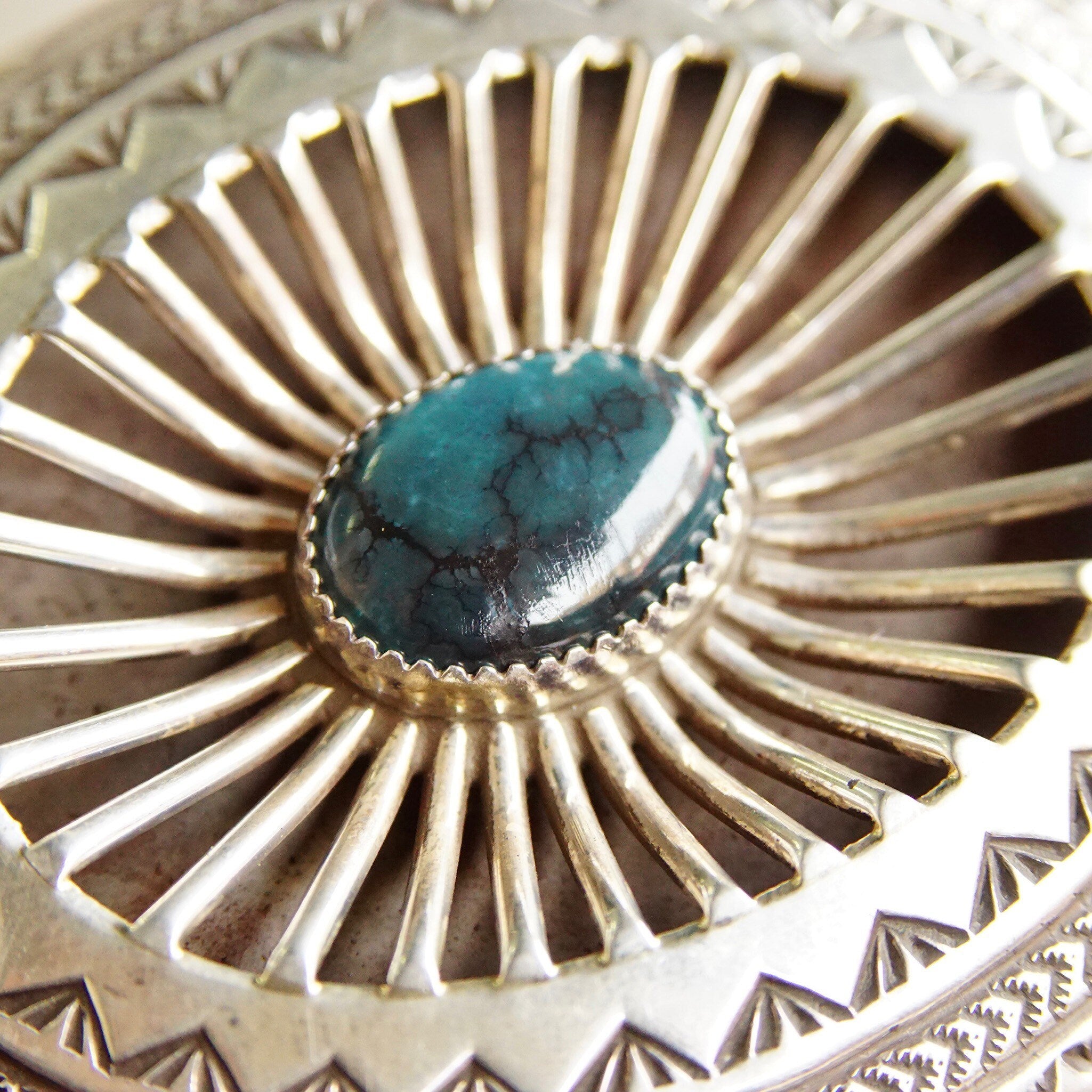 Vintage Signed Carson B. Navajo Sterling Silver Turquoise Belt Buckle, Hammered Silver Designs, Hollow Cut Out Belt Buckle, 3" W
