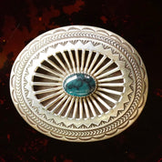 Vintage Signed Carson B. Navajo Sterling Silver Turquoise Belt Buckle, Hammered Silver Designs, Hollow Cut Out Belt Buckle, 3" W