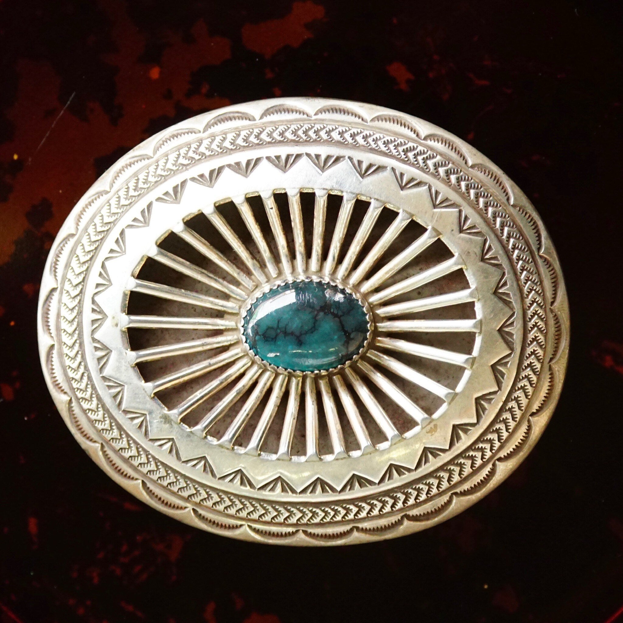 Vintage Signed Carson B. Navajo Sterling Silver Turquoise Belt Buckle, Hammered Silver Designs, Hollow Cut Out Belt Buckle, 3" W