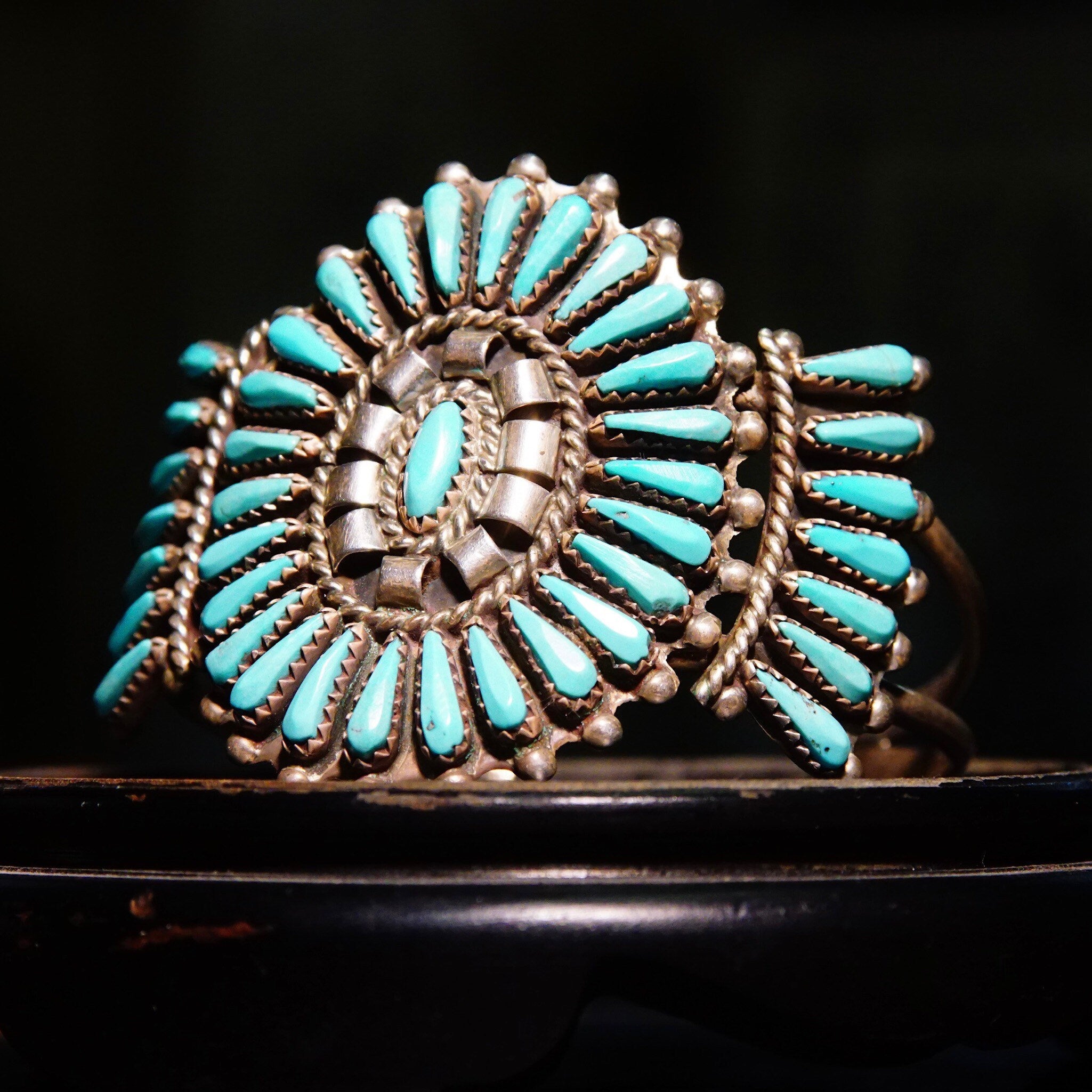 Vintage Zuni Native American Sterling Silver Needlepoint Turquoise Cuff, Signed JHN, Silver Cuff Adorned W/ 41 Turquoise Stones, 5 1/2" L
