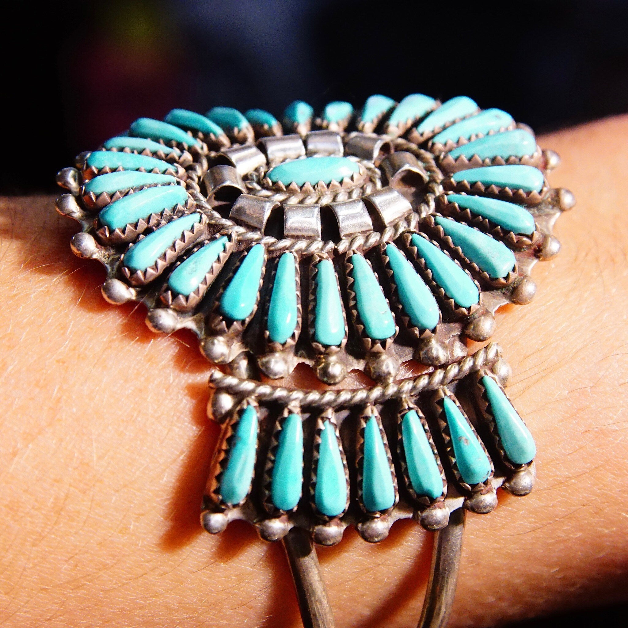 Vintage Zuni Native American Sterling Silver Needlepoint Turquoise Cuff, Signed JHN, Silver Cuff Adorned W/ 41 Turquoise Stones, 5 1/2" L