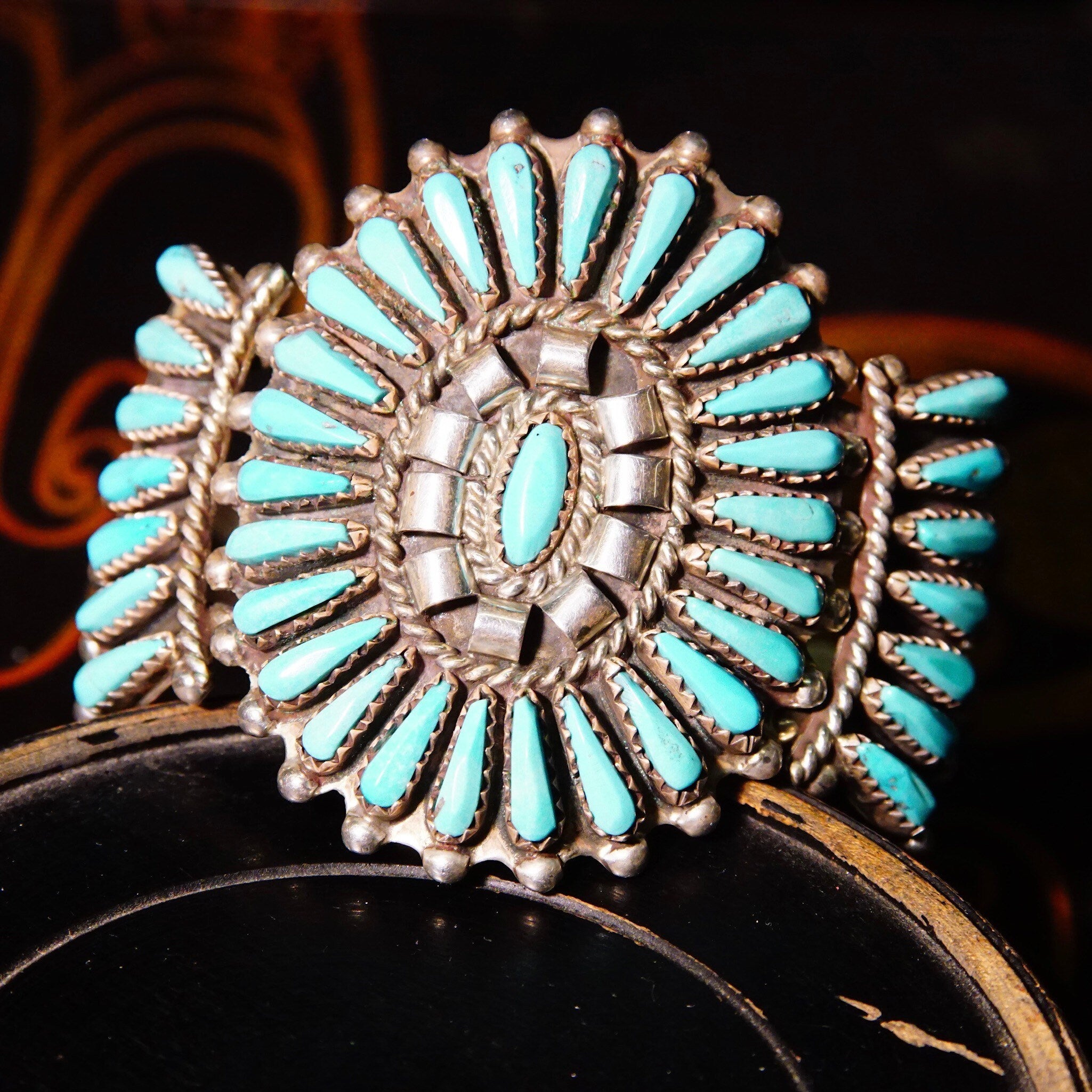 Vintage Zuni Native American Sterling Silver Needlepoint Turquoise Cuff, Signed JHN, Silver Cuff Adorned W/ 41 Turquoise Stones, 5 1/2" L