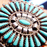 Vintage Zuni Native American Sterling Silver Needlepoint Turquoise Cuff, Signed JHN, Silver Cuff Adorned W/ 41 Turquoise Stones, 5 1/2" L