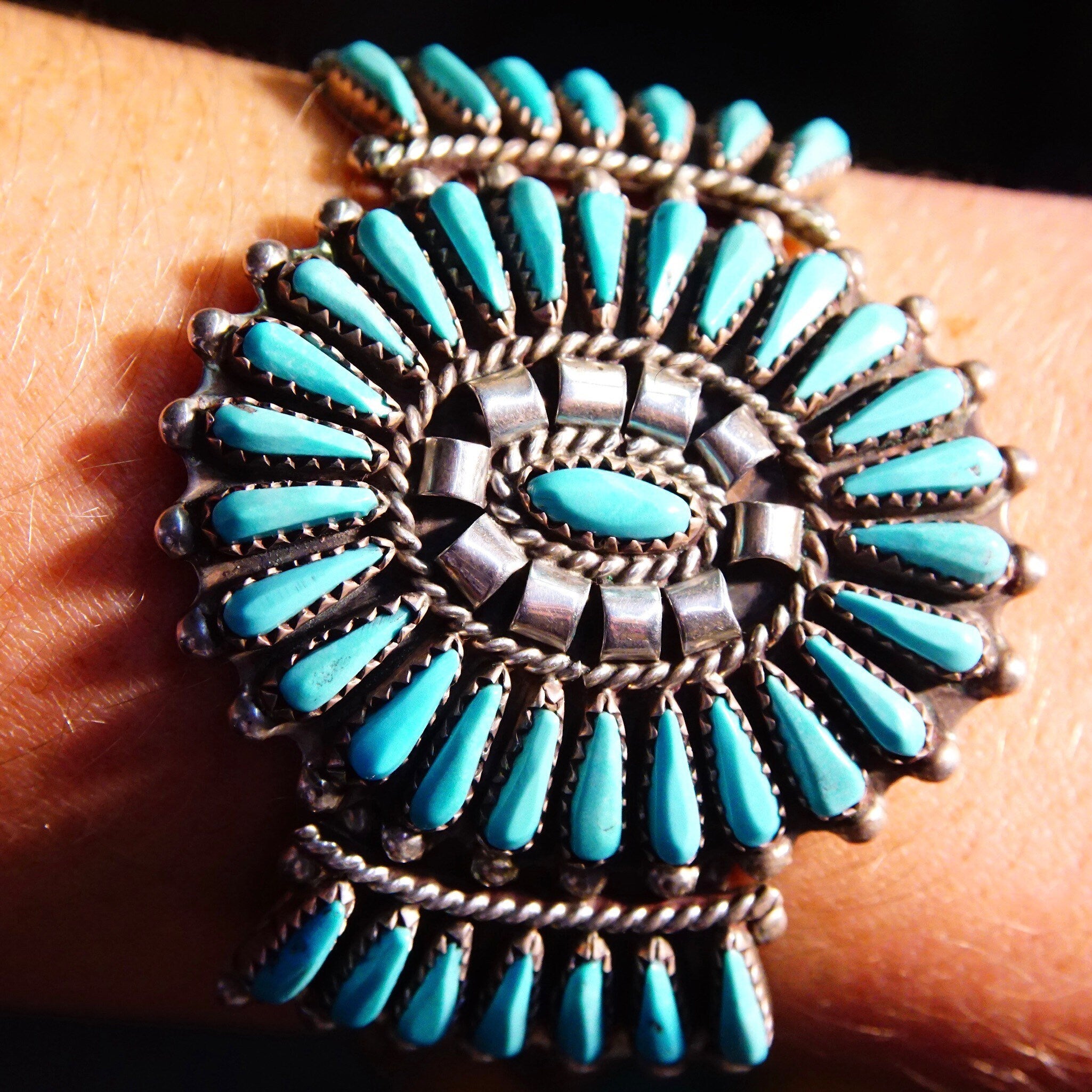 Vintage Zuni Native American Sterling Silver Needlepoint Turquoise Cuff, Signed JHN, Silver Cuff Adorned W/ 41 Turquoise Stones, 5 1/2" L