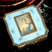 Victorian 800 Silver Gilt Enamel Hand Painted Powder Compact Mirror, Signed Miniature Portrait, Ornate Engraved Border & Backside, 3 1/8"