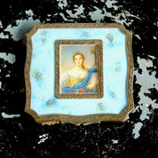 Victorian 800 Silver Gilt Enamel Hand Painted Powder Compact Mirror, Signed Miniature Portrait, Ornate Engraved Border & Backside, 3 1/8"