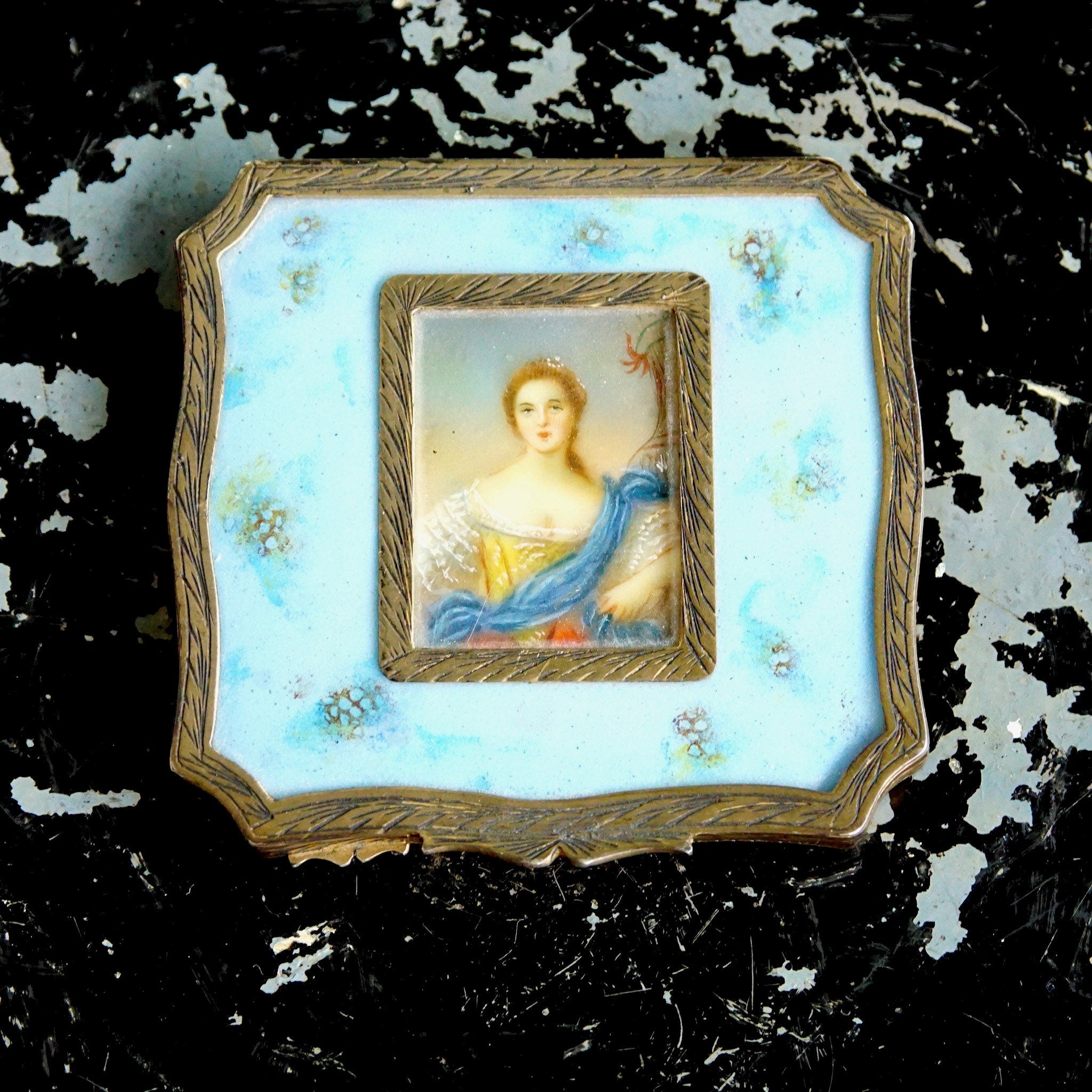 Victorian 800 Silver Gilt Enamel Hand Painted Powder Compact Mirror, Signed Miniature Portrait, Ornate Engraved Border & Backside, 3 1/8"