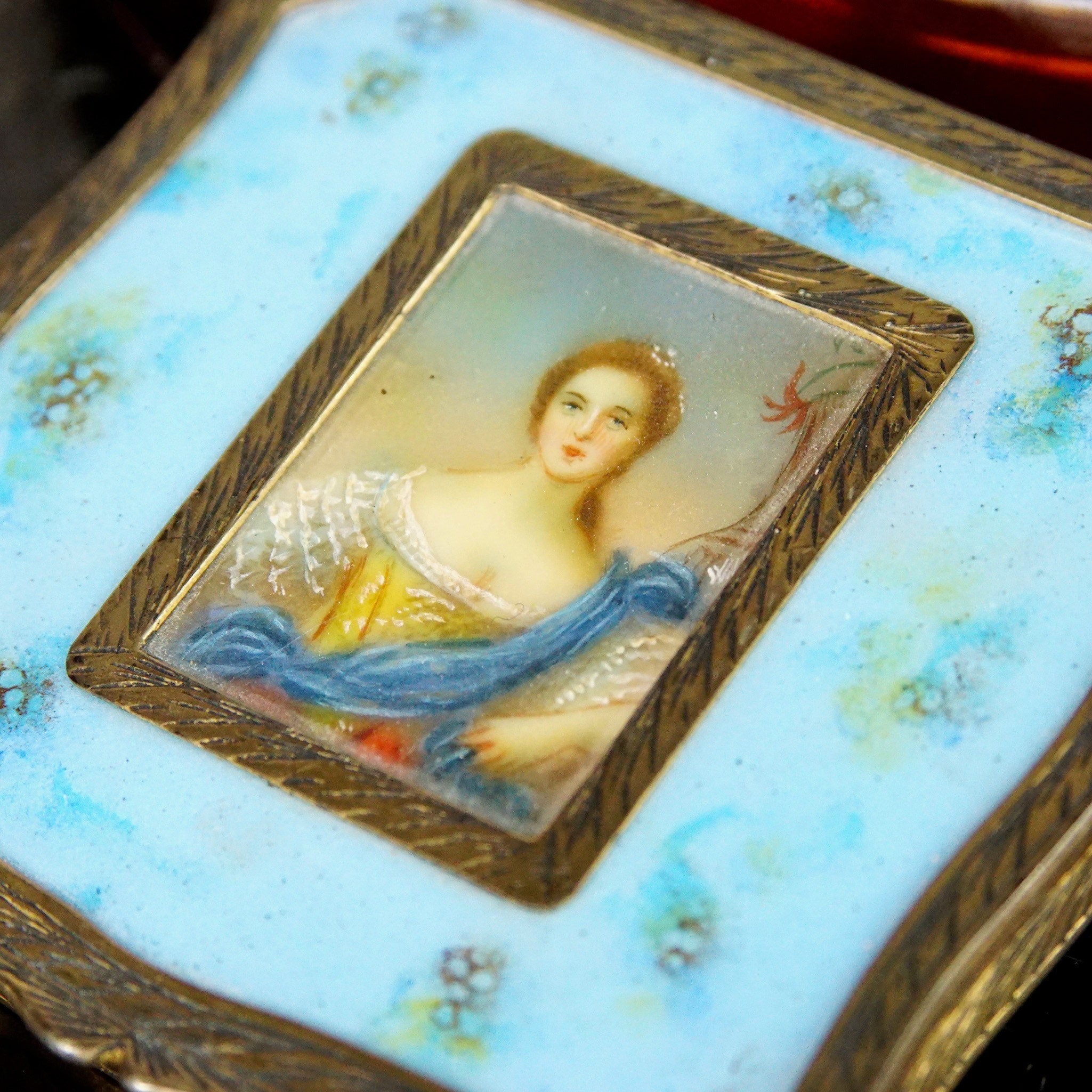 Victorian 800 Silver Gilt Enamel Hand Painted Powder Compact Mirror, Signed Miniature Portrait, Ornate Engraved Border & Backside, 3 1/8"