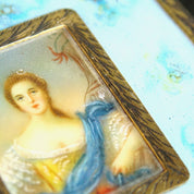 Victorian 800 Silver Gilt Enamel Hand Painted Powder Compact Mirror, Signed Miniature Portrait, Ornate Engraved Border & Backside, 3 1/8"