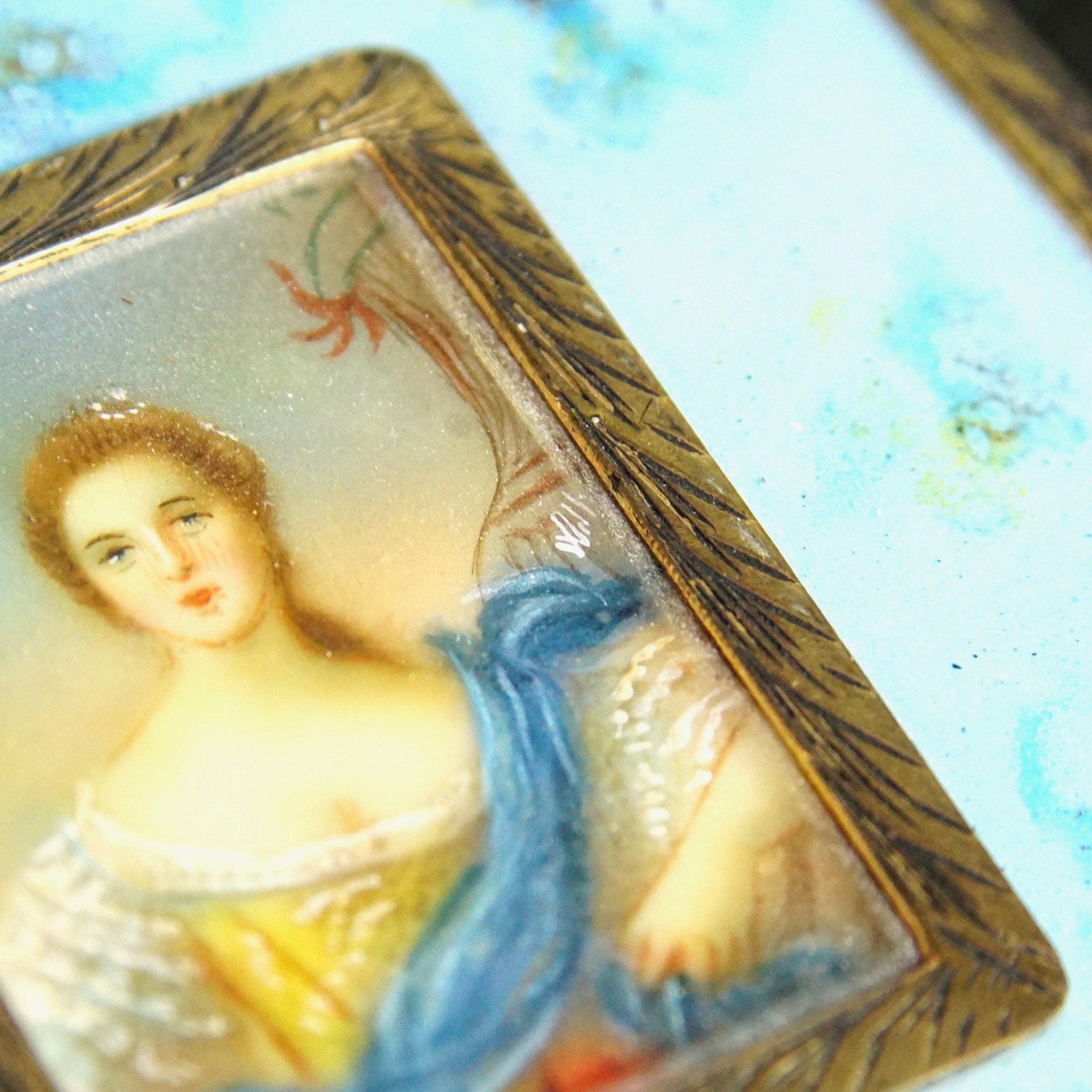 Victorian 800 Silver Gilt Enamel Hand Painted Powder Compact Mirror, Signed Miniature Portrait, Ornate Engraved Border & Backside, 3 1/8"