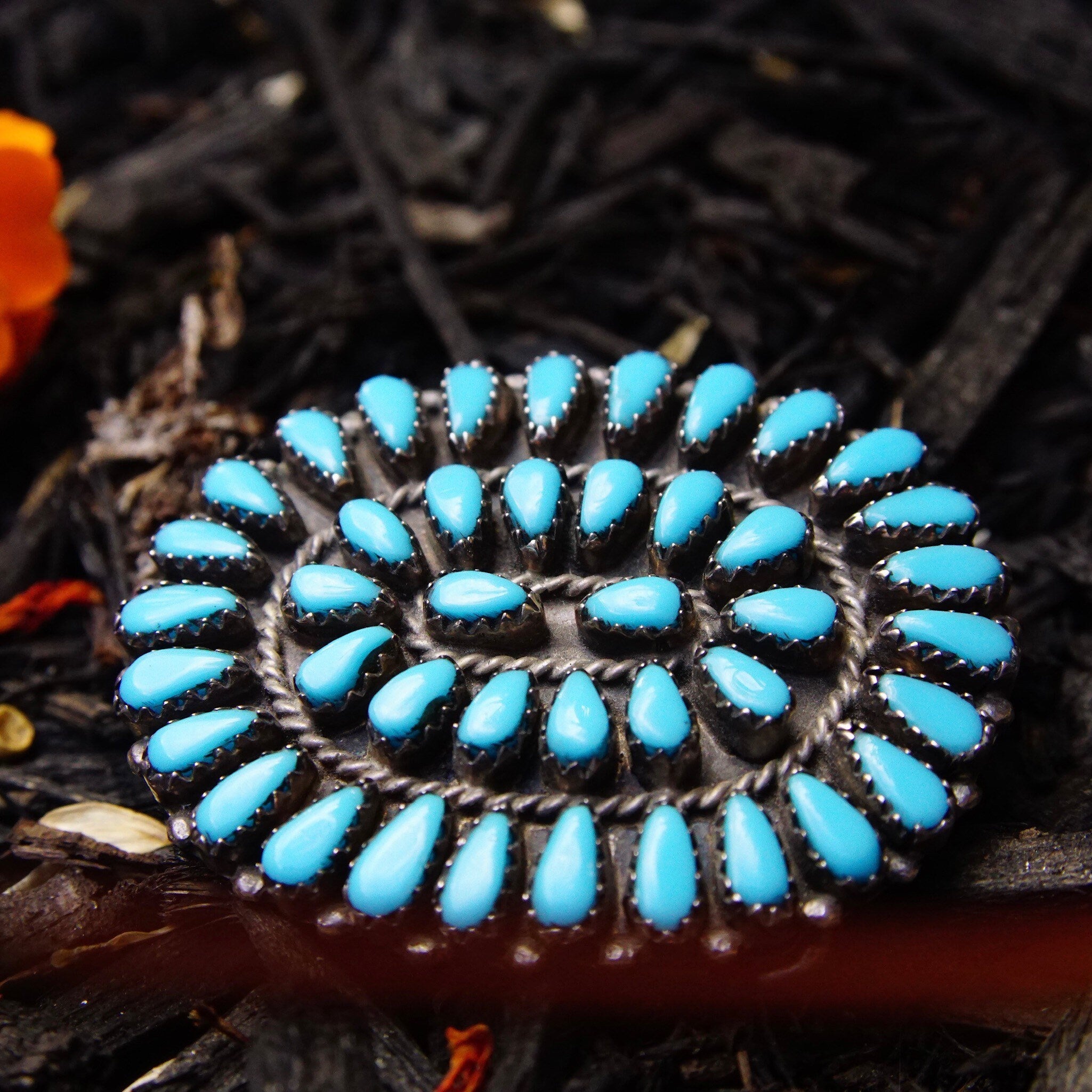 Vintage Signed GAB STERLING Zuni Needlepoint Turquoise Belt Buckle, Handmade Turquoise Buckle, Native American Old Pawn Jewelry, 1 7/8" W