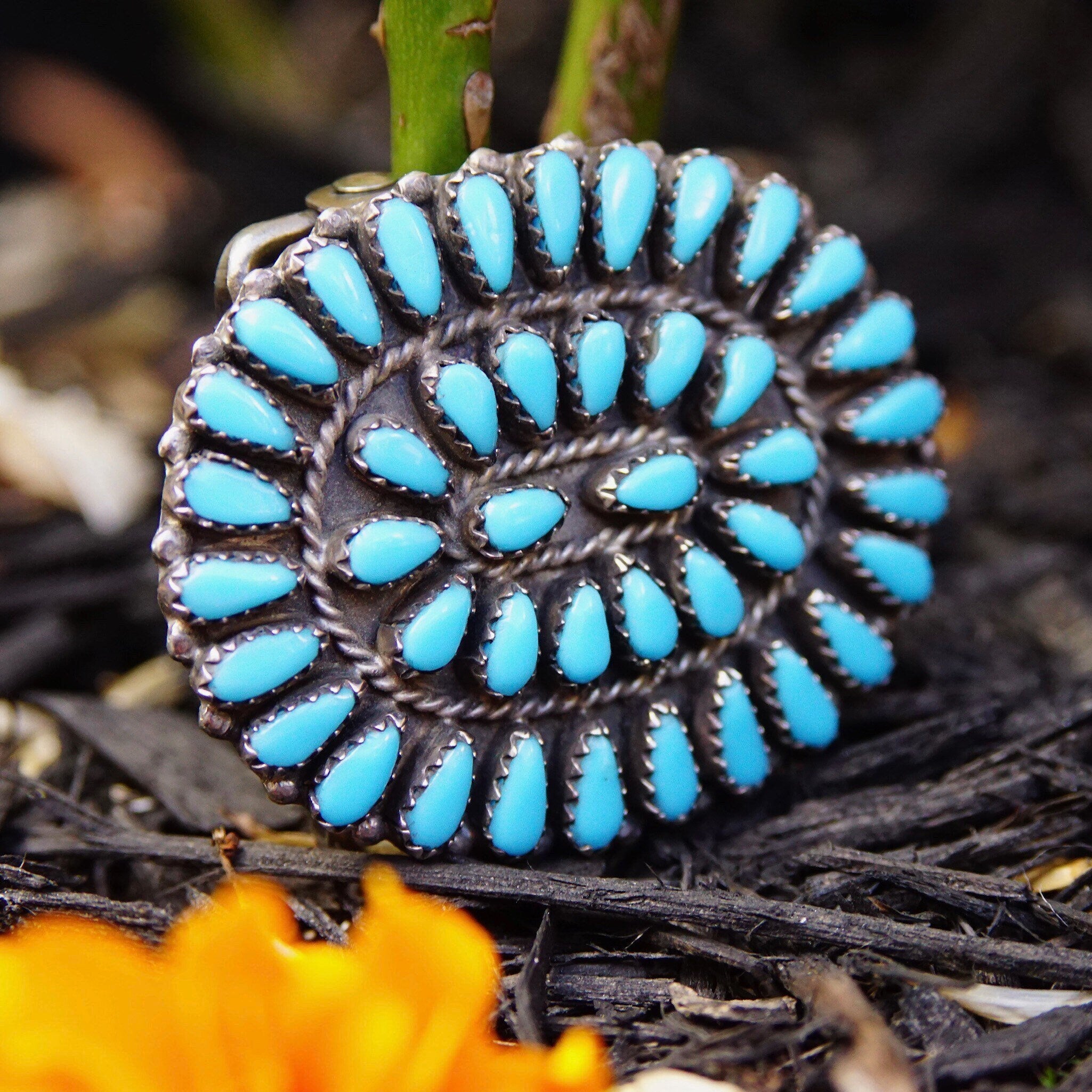 Vintage Signed GAB STERLING Zuni Needlepoint Turquoise Belt Buckle, Handmade Turquoise Buckle, Native American Old Pawn Jewelry, 1 7/8" W