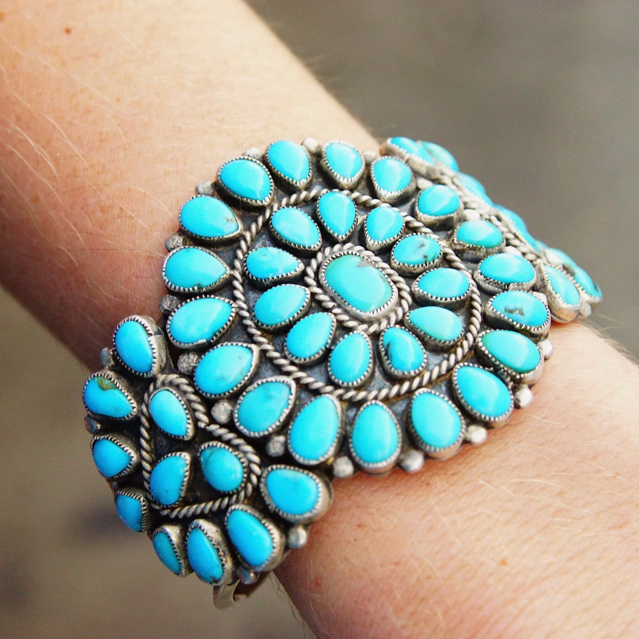 Vintage Navajo Signed JM Begay Silver Turquoise Cuff Bracelet, Chunky 52 Stone Turquoise Cluster Cuff, Native American Jewlery, 5 1/4" L