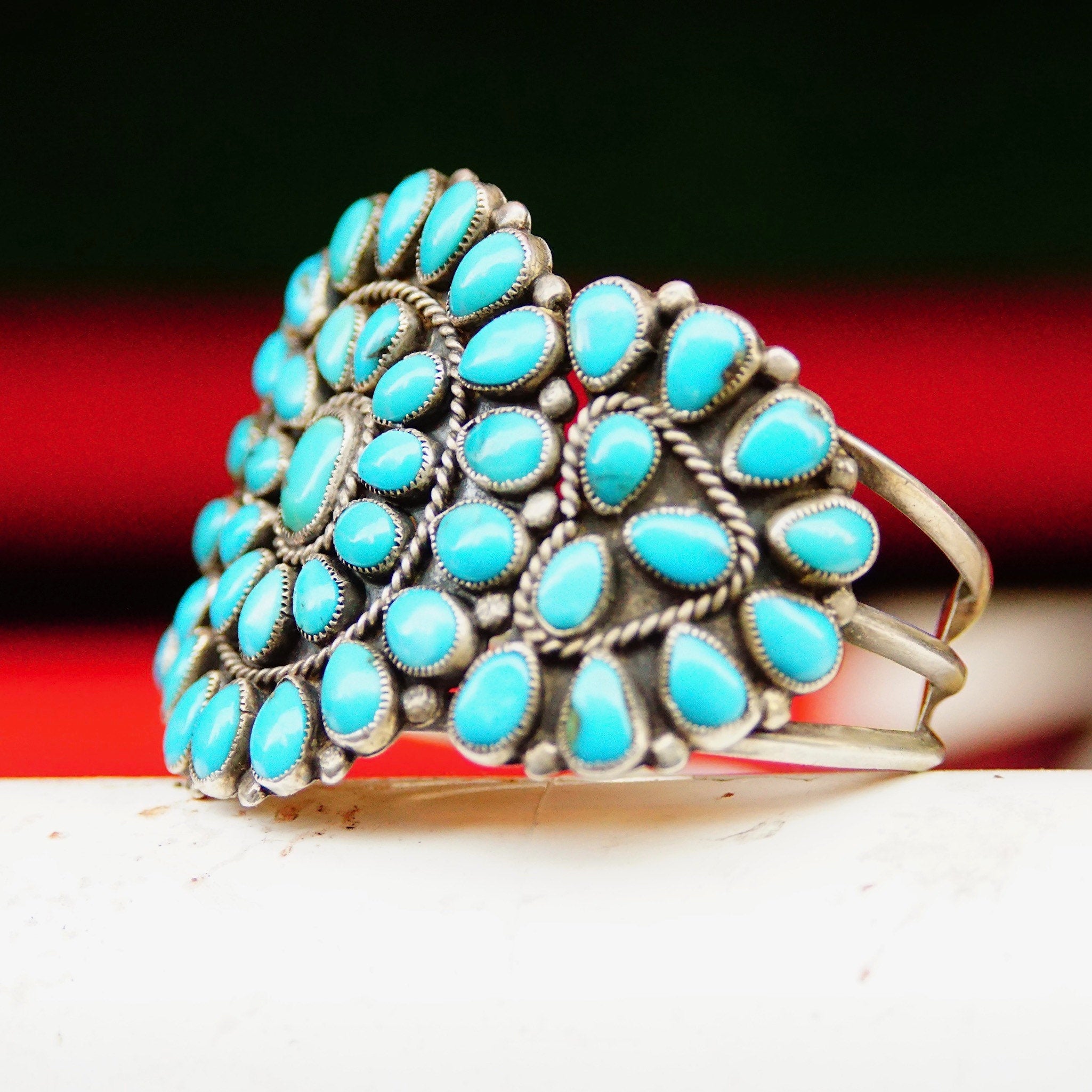 Vintage Navajo Signed JM Begay Silver Turquoise Cuff Bracelet, Chunky 52 Stone Turquoise Cluster Cuff, Native American Jewlery, 5 1/4" L