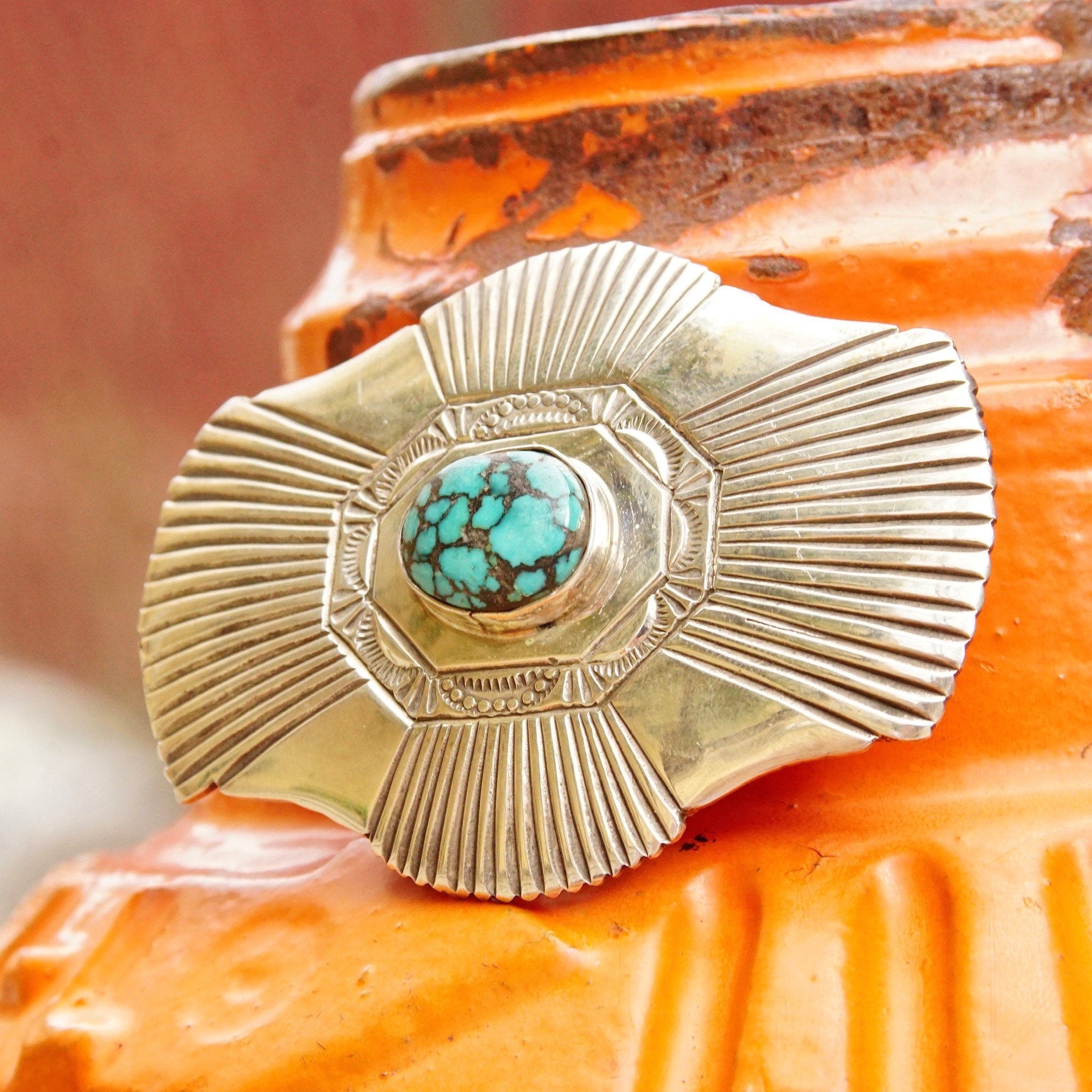 Vintage Signed Navajo Martinez Sterling Silver Turquoise Belt Buckle, Ornate Silver Buckle With Accent Turquoise, Old Pawn Jewelry, 3"W
