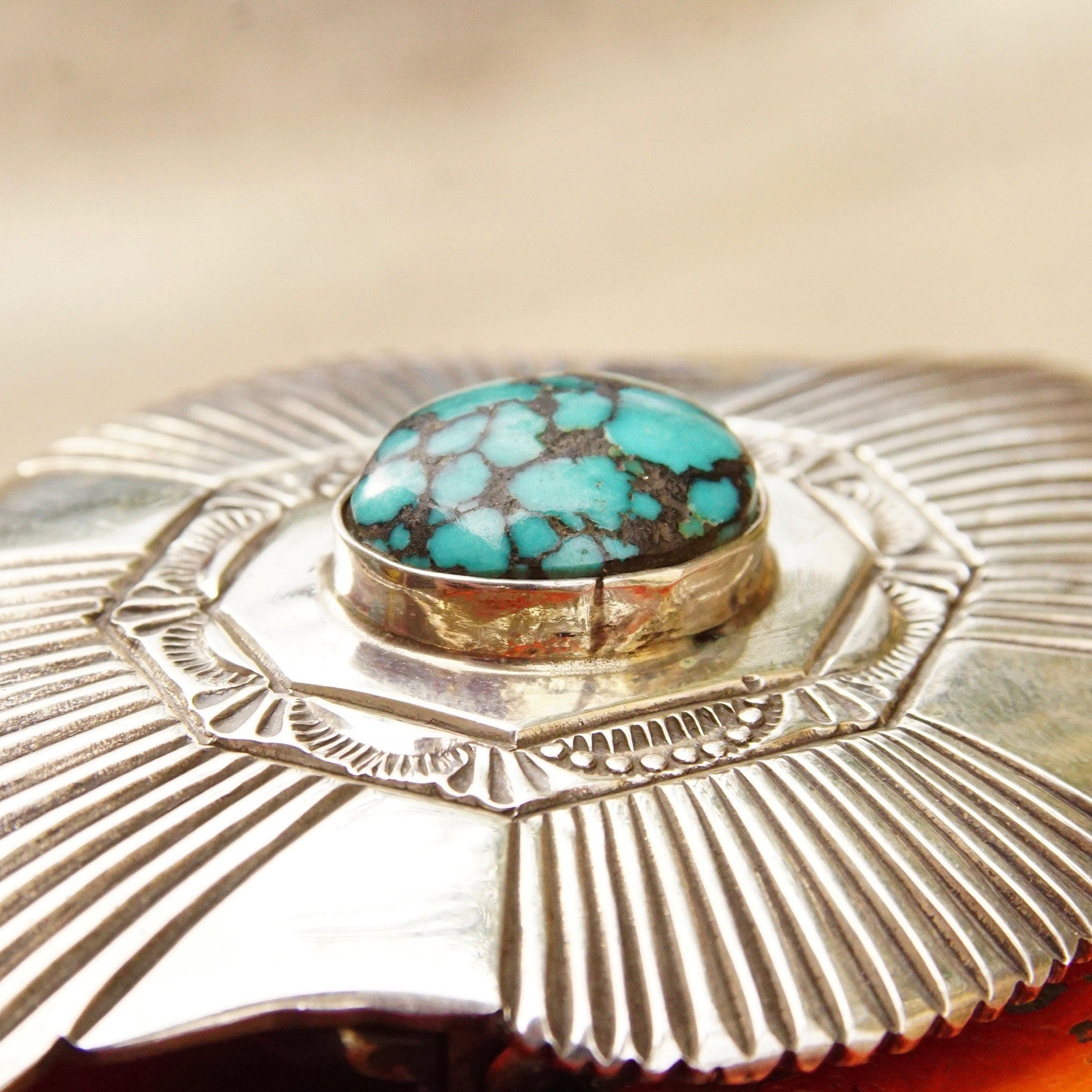 Vintage Signed Navajo Martinez Sterling Silver Turquoise Belt Buckle, Ornate Silver Buckle With Accent Turquoise, Old Pawn Jewelry, 3"W
