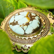 Vintage HUGE Navajo Turquoise & Silver Belt Buckle, Signed H. MTZ Sterling, Large Speckled Turquoise Stone, Scalloped Silver Frame, 3 1/2" W