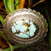 Vintage HUGE Navajo Turquoise & Silver Belt Buckle, Signed H. MTZ Sterling, Large Speckled Turquoise Stone, Scalloped Silver Frame, 3 1/2" W