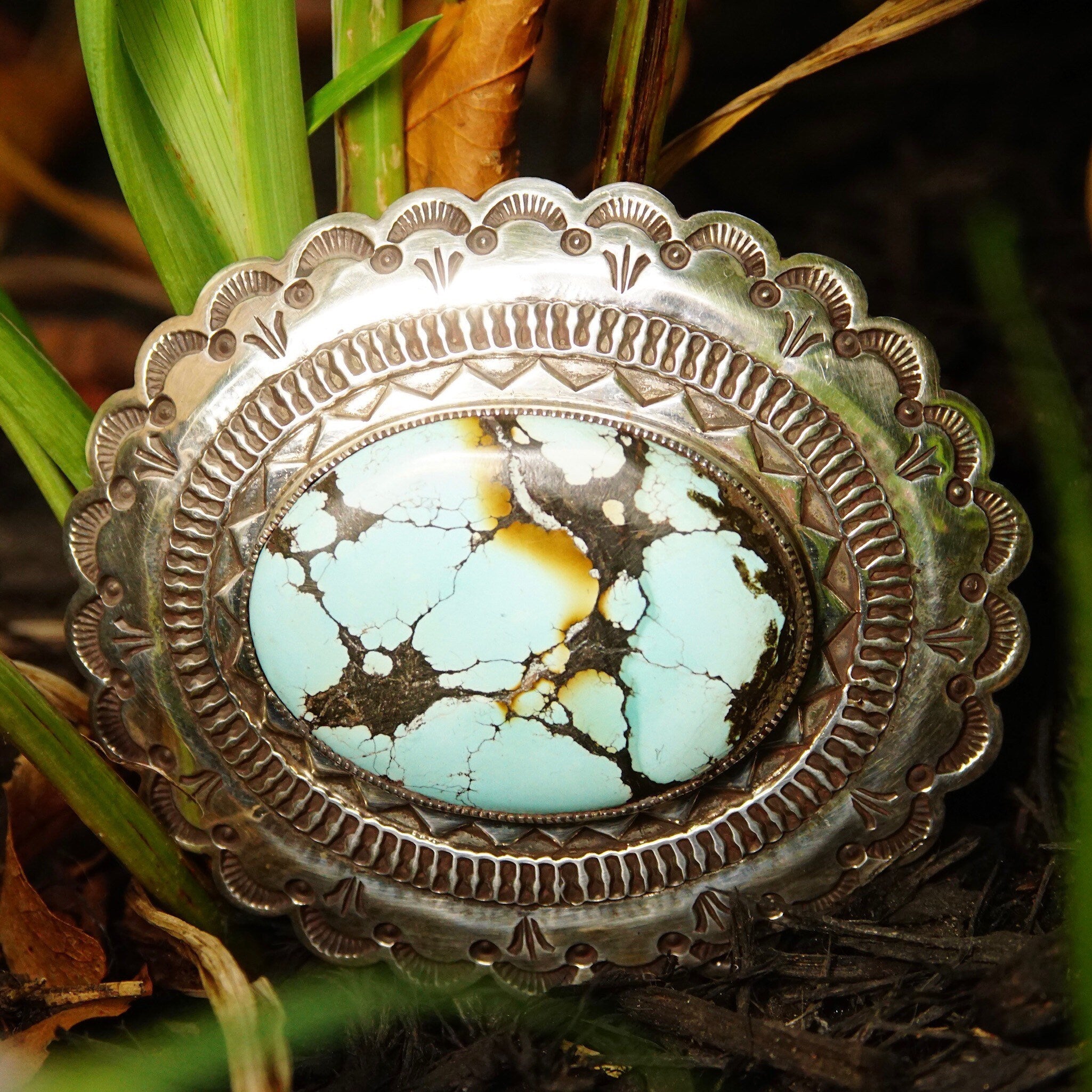 Vintage HUGE Navajo Turquoise & Silver Belt Buckle, Signed H. MTZ Sterling, Large Speckled Turquoise Stone, Scalloped Silver Frame, 3 1/2" W