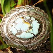 Vintage HUGE Navajo Turquoise & Silver Belt Buckle, Signed H. MTZ Sterling, Large Speckled Turquoise Stone, Scalloped Silver Frame, 3 1/2" W