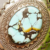 Vintage HUGE Navajo Turquoise & Silver Belt Buckle, Signed H. MTZ Sterling, Large Speckled Turquoise Stone, Scalloped Silver Frame, 3 1/2" W