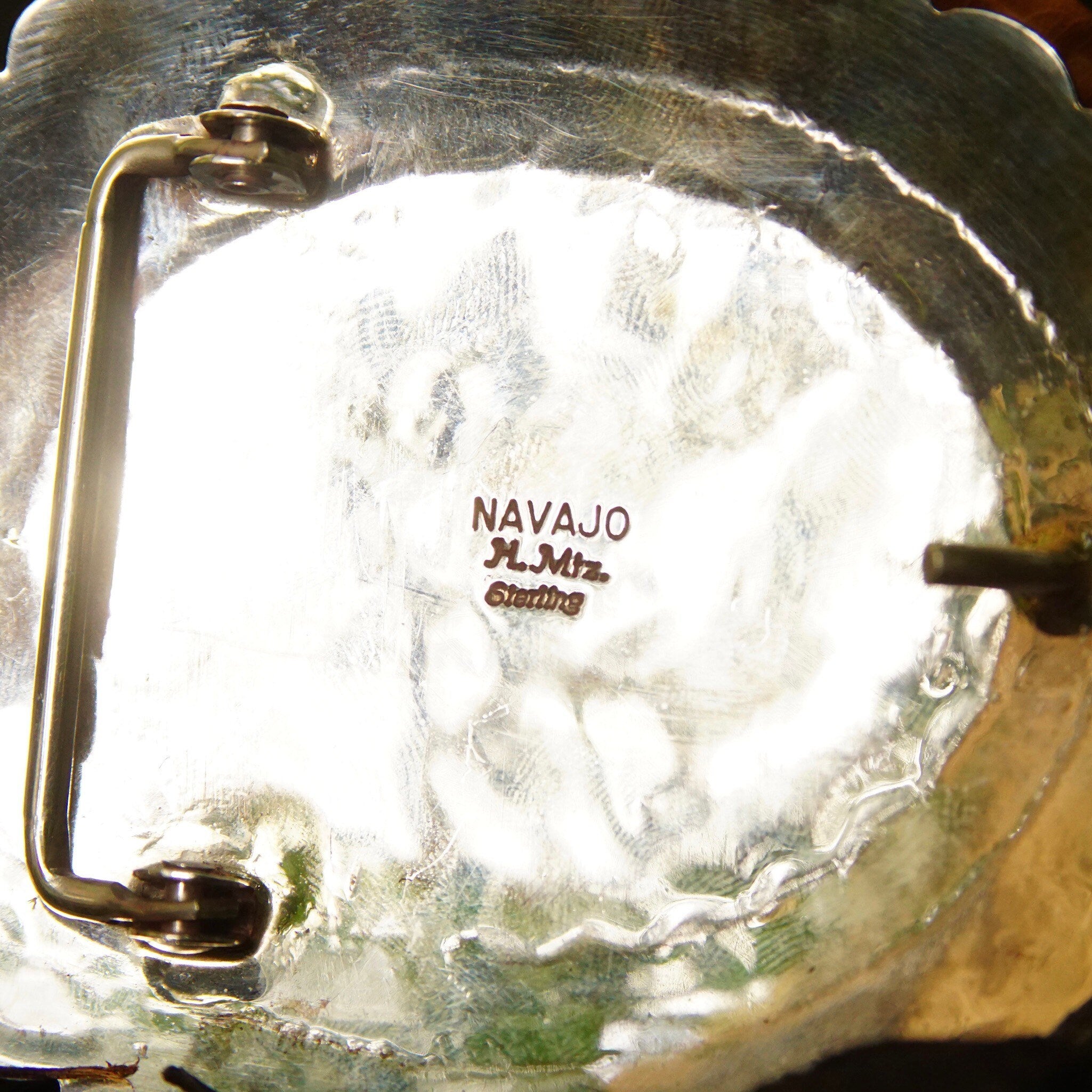 Vintage HUGE Navajo Turquoise & Silver Belt Buckle, Signed H. MTZ Sterling, Large Speckled Turquoise Stone, Scalloped Silver Frame, 3 1/2" W