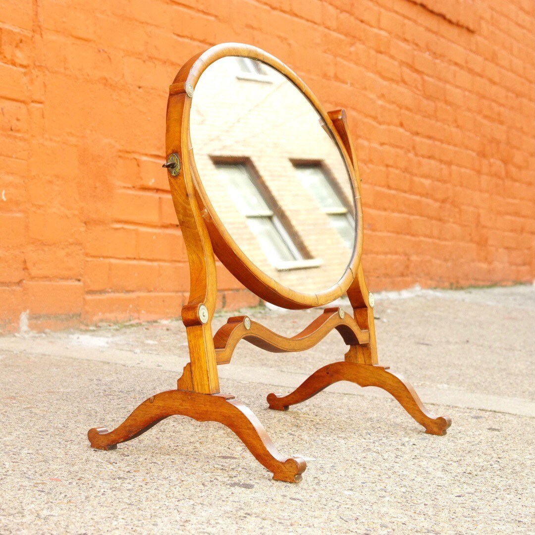 Antique Hepplewhite Style Mahogany Dressing Table Cheval Mirror W/ Accent Ivory Details, Ornate Oval Tilt Mirror, Boudoir Vanity Mirror