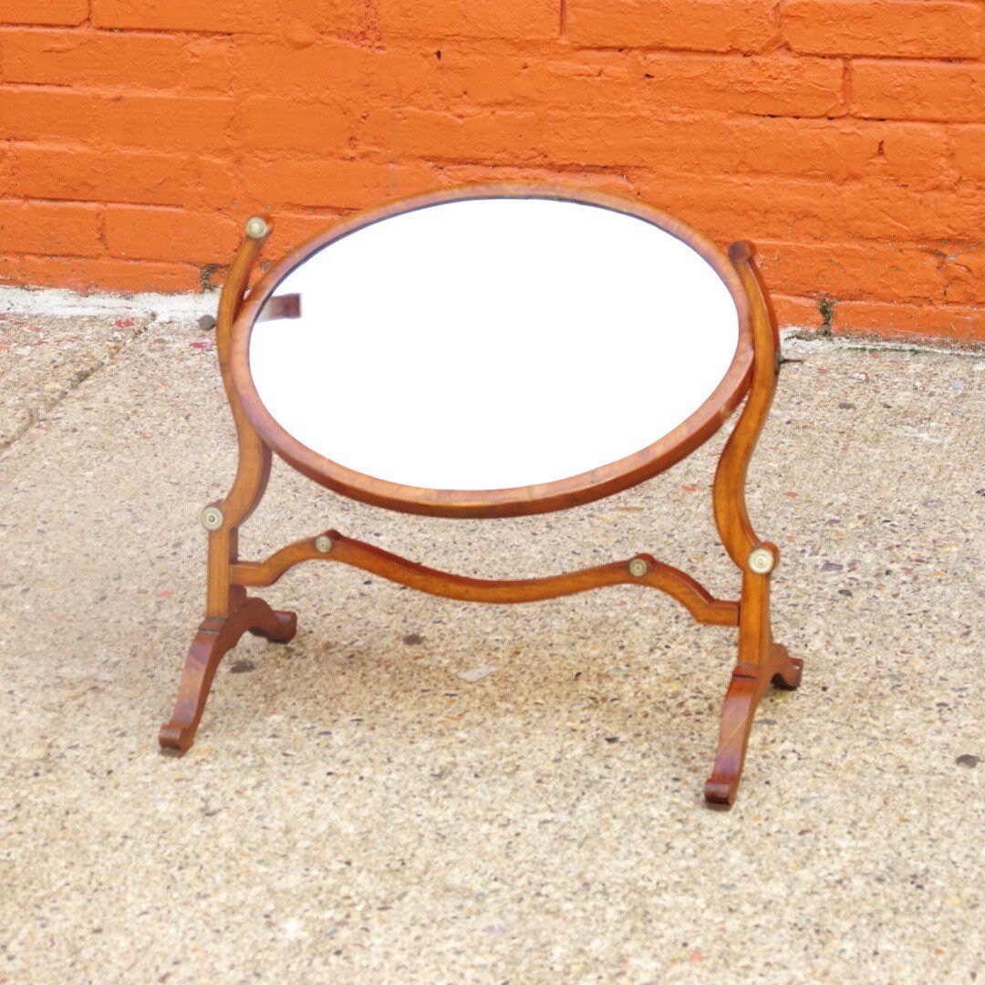Antique Hepplewhite Style Mahogany Dressing Table Cheval Mirror W/ Accent Ivory Details, Ornate Oval Tilt Mirror, Boudoir Vanity Mirror