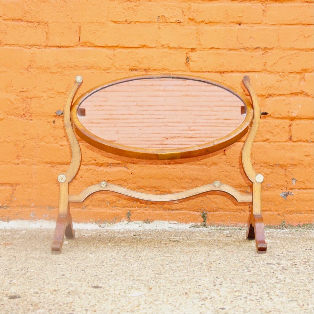 Antique Hepplewhite Style Mahogany Dressing Table Cheval Mirror W/ Accent Ivory Details, Ornate Oval Tilt Mirror, Boudoir Vanity Mirror