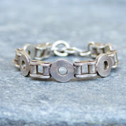 Vintage TAXCO Sterling Silver Biker Chain Link Bracelet, Heavy Silver Chain Bracelet With Alternating Circular Links, Toggle Clasp, 9 1/2" L