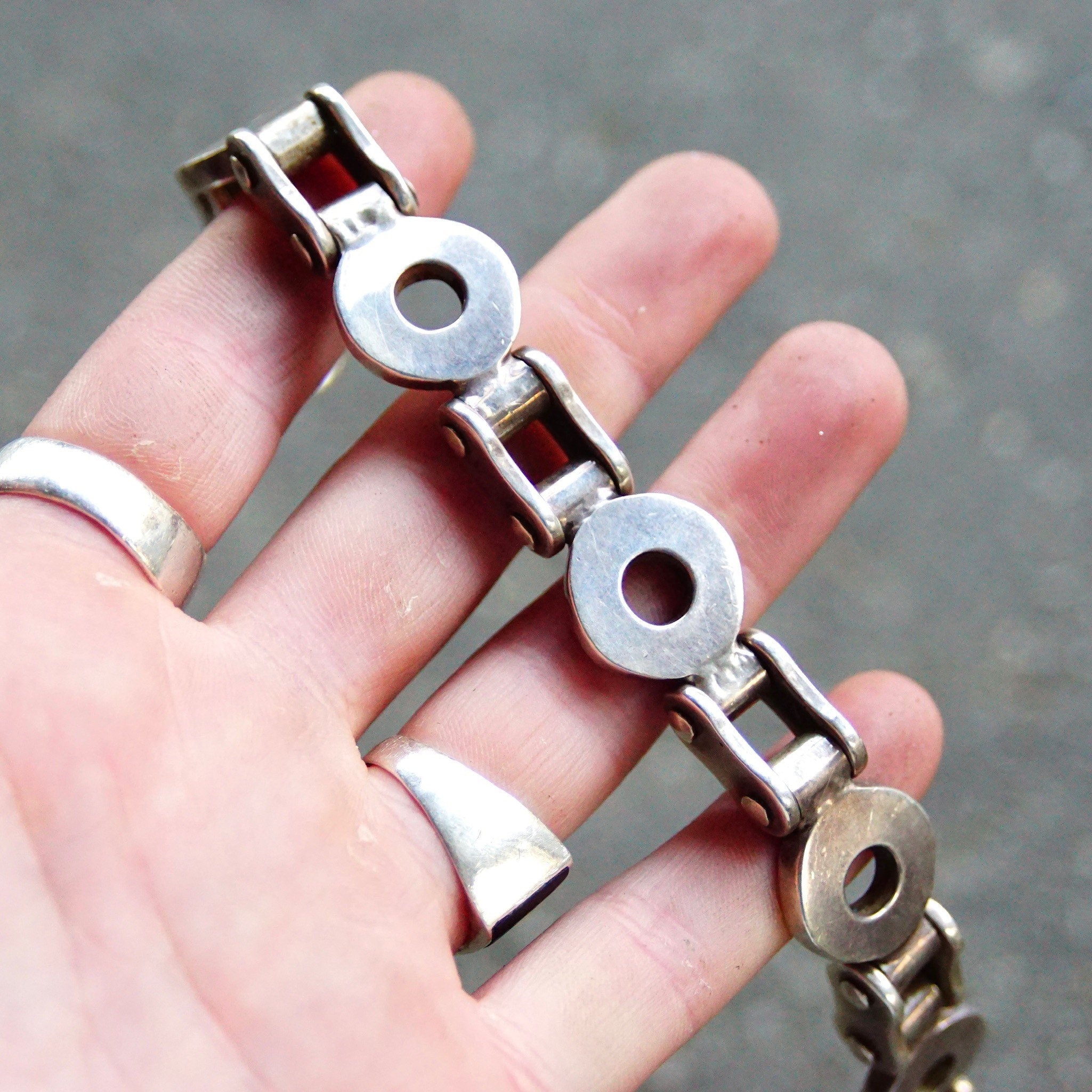 Vintage TAXCO Sterling Silver Biker Chain Link Bracelet, Heavy Silver Chain Bracelet With Alternating Circular Links, Toggle Clasp, 9 1/2" L