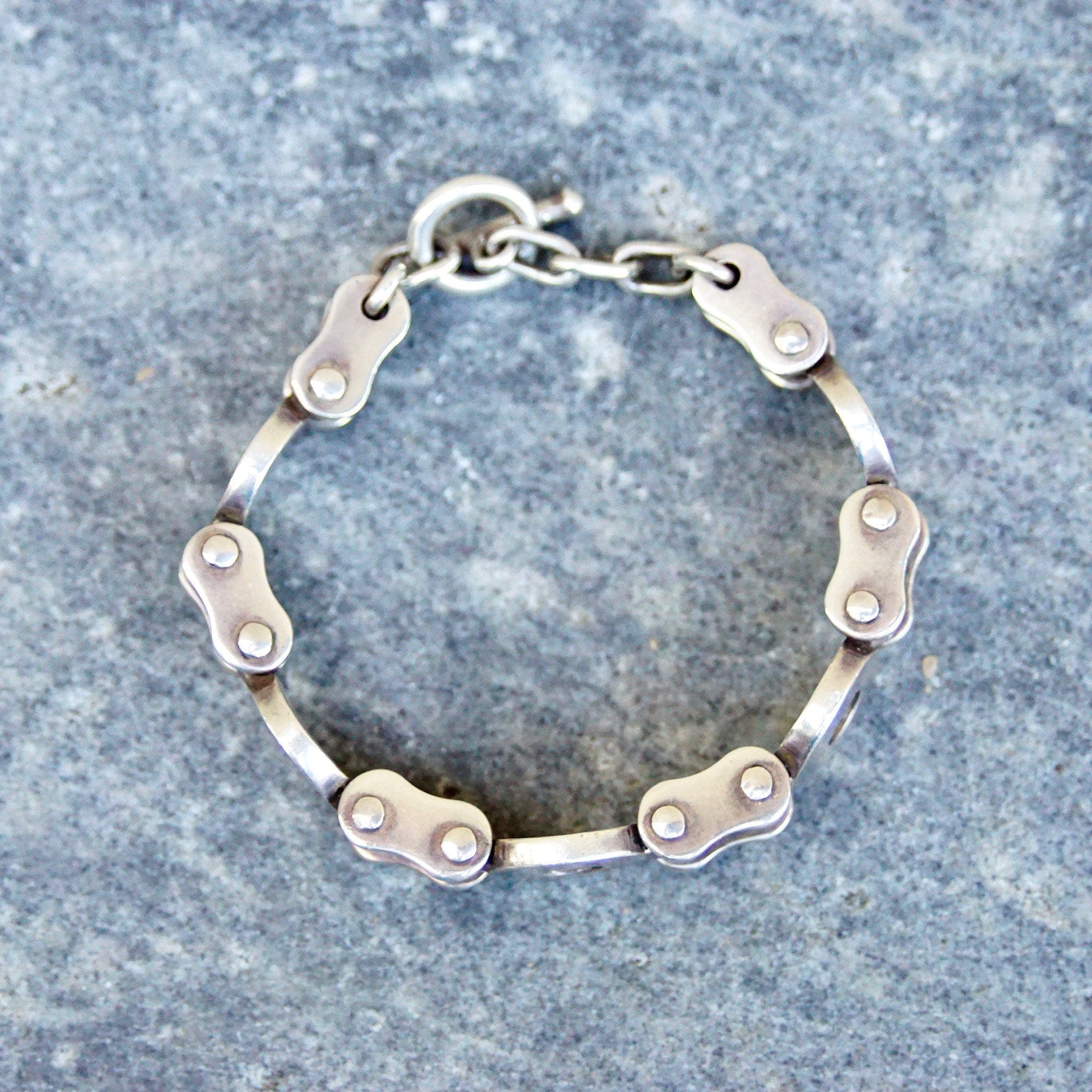 Vintage TAXCO Sterling Silver Biker Chain Link Bracelet, Heavy Silver Chain Bracelet With Alternating Circular Links, Toggle Clasp, 9 1/2" L