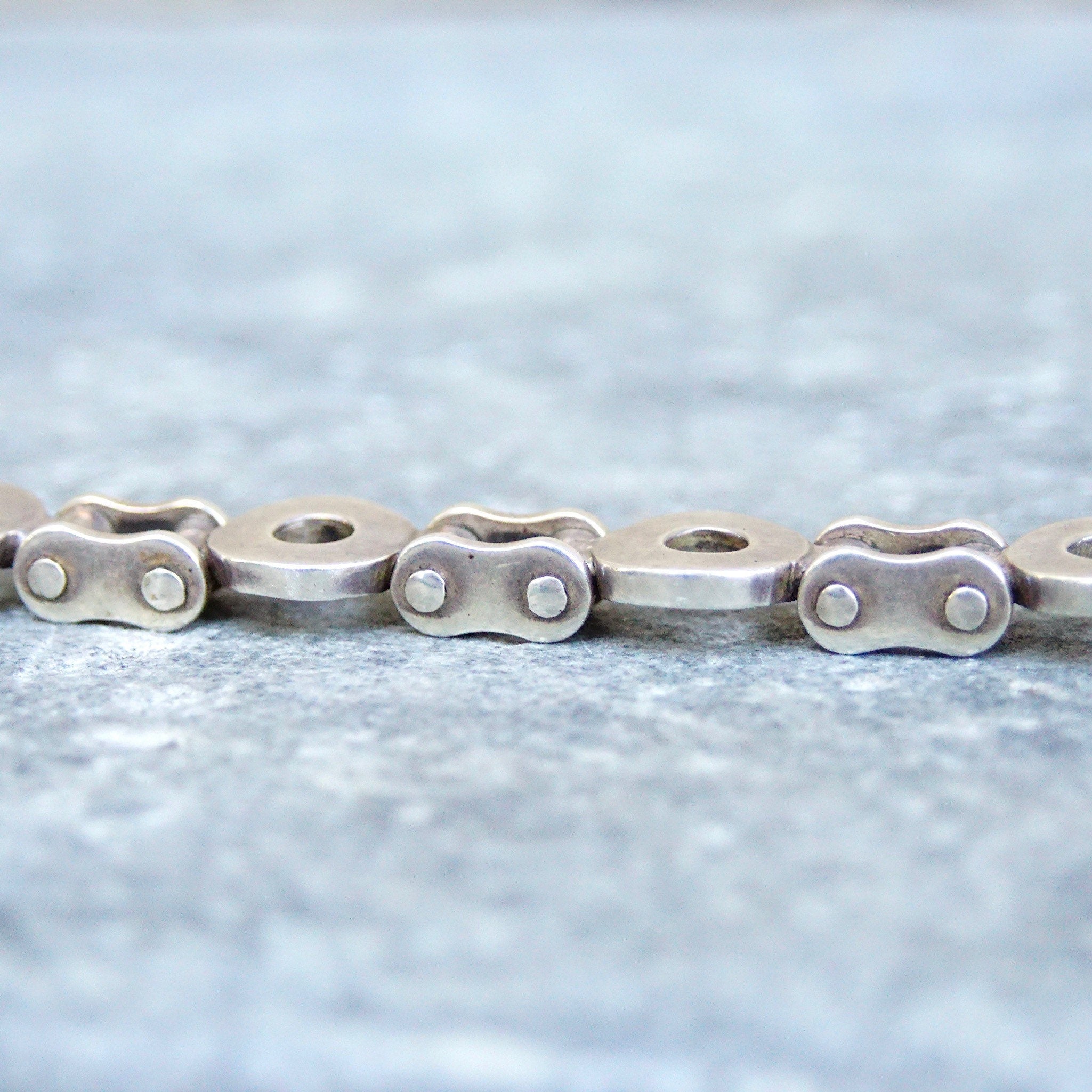 Vintage TAXCO Sterling Silver Biker Chain Link Bracelet, Heavy Silver Chain Bracelet With Alternating Circular Links, Toggle Clasp, 9 1/2" L