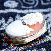 Vintage 14K White Gold & Diamond Cameo Brooch/Pendant, Large Classic Relief Cameo Of Woman With Diamond Choker In Octagonal Frame, 1 7/8" L