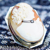 Vintage 14K White Gold & Diamond Cameo Brooch/Pendant, Large Classic Relief Cameo Of Woman With Diamond Choker In Octagonal Frame, 1 7/8" L