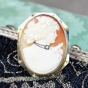 Vintage 14K White Gold & Diamond Cameo Brooch/Pendant, Large Classic Relief Cameo Of Woman With Diamond Choker In Octagonal Frame, 1 7/8" L