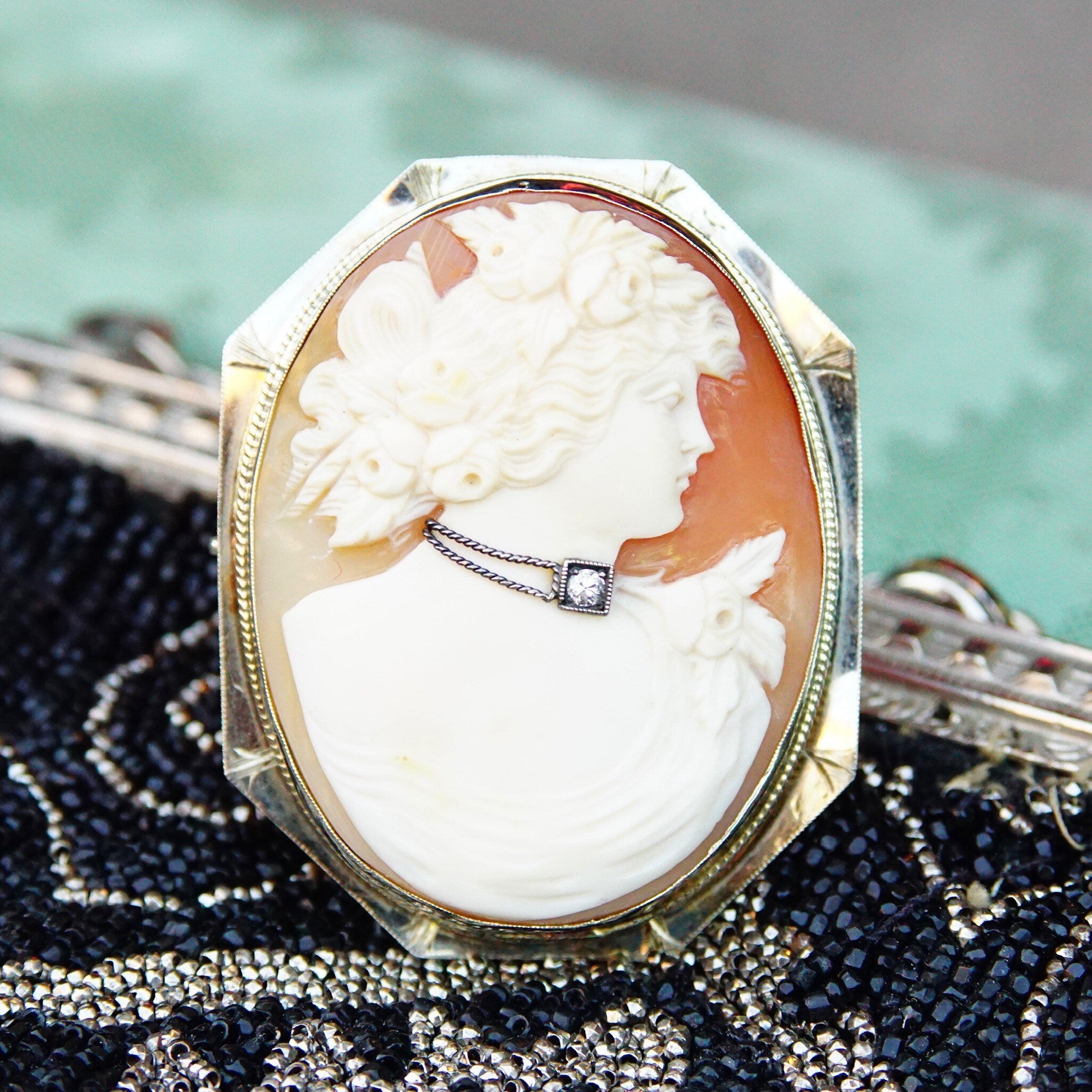 Vintage 14K White Gold & Diamond Cameo Brooch/Pendant, Large Classic Relief Cameo Of Woman With Diamond Choker In Octagonal Frame, 1 7/8" L