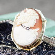 Vintage 14K White Gold & Diamond Cameo Brooch/Pendant, Large Classic Relief Cameo Of Woman With Diamond Choker In Octagonal Frame, 1 7/8" L