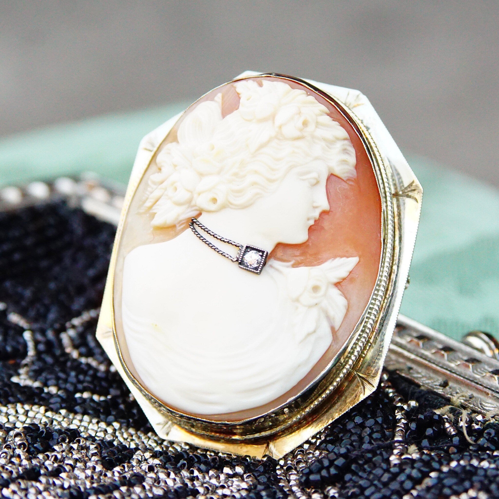 Vintage 14K White Gold & Diamond Cameo Brooch/Pendant, Large Classic Relief Cameo Of Woman With Diamond Choker In Octagonal Frame, 1 7/8" L