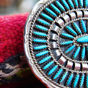 Vintage Native American Zuni Needlepoint Turquoise Belt Buckle, Large Sterling Turquoise Cluster Belt Buckle, Hand Stamped CJ Hallmark, 3" W