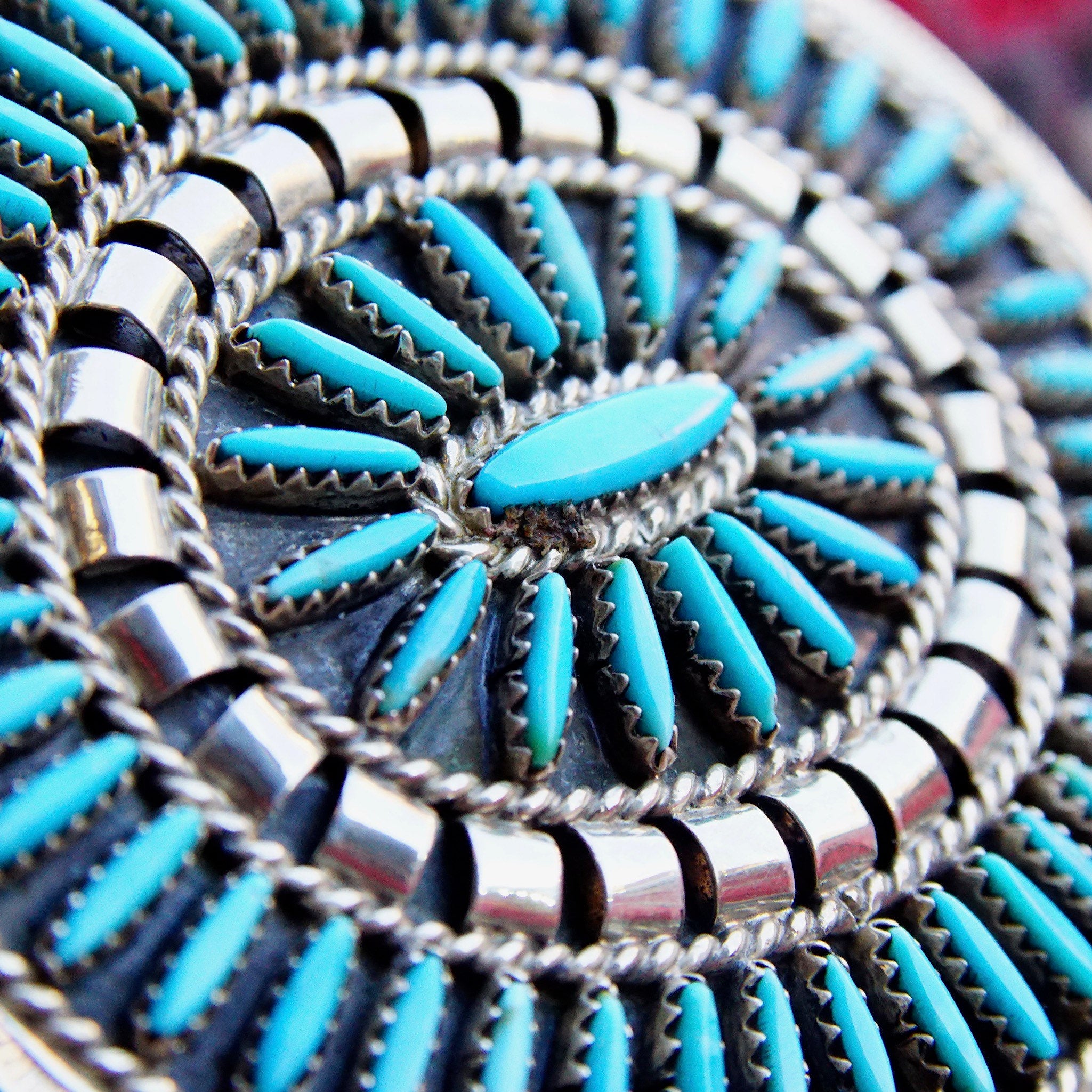 Vintage Native American Zuni Needlepoint Turquoise Belt Buckle, Large Sterling Turquoise Cluster Belt Buckle, Hand Stamped CJ Hallmark, 3" W