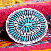Vintage Native American Zuni Needlepoint Turquoise Belt Buckle, Large Sterling Turquoise Cluster Belt Buckle, Hand Stamped CJ Hallmark, 3" W