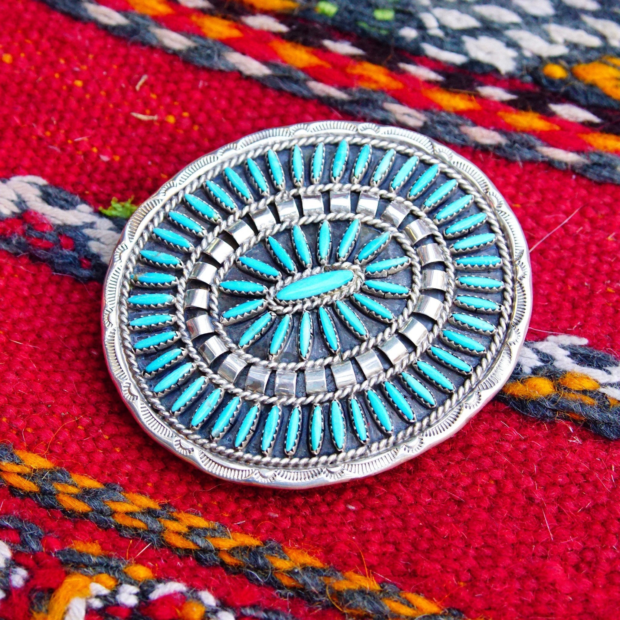 Vintage Native American Zuni Needlepoint Turquoise Belt Buckle, Large Sterling Turquoise Cluster Belt Buckle, Hand Stamped CJ Hallmark, 3" W